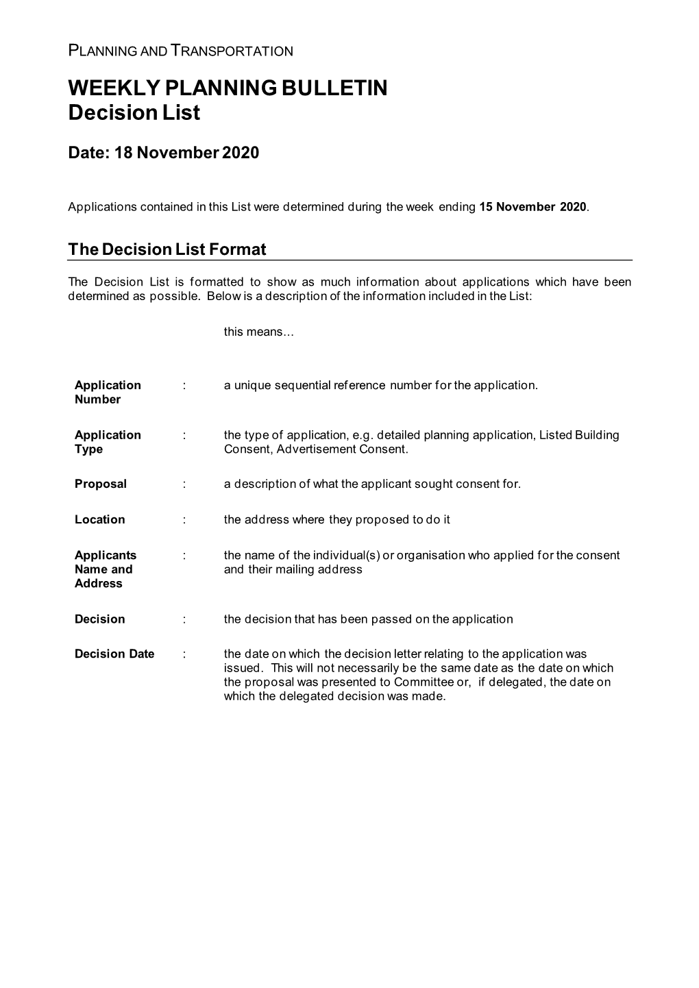 Planning Applications Determined 15 November 2020