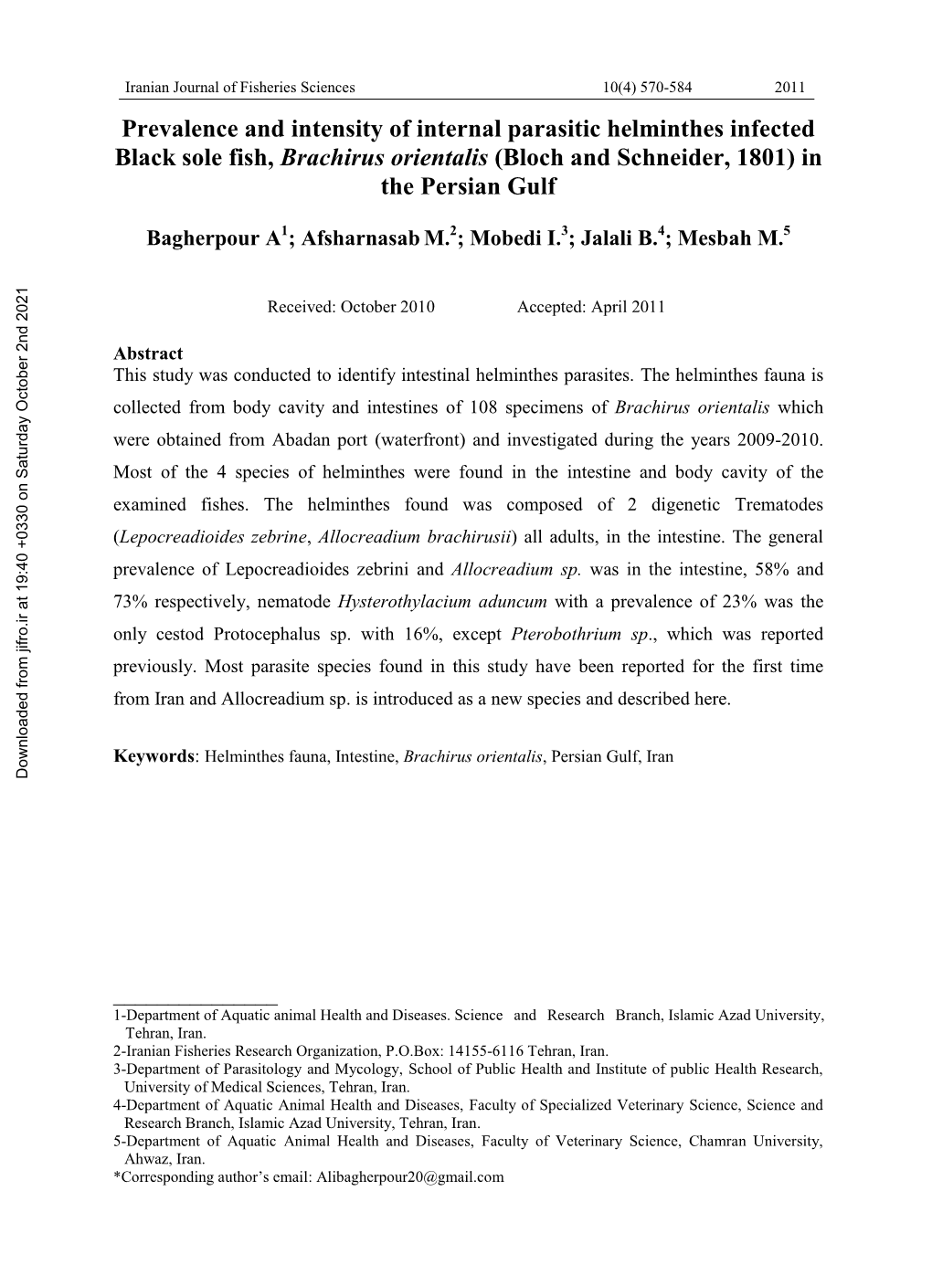 Prevalence and Intensity of Internal Parasitic Helminthes Infected Black Sole Fish, Brachirus Orientalis (Bloch and Schneider, 1801) in the Persian Gulf