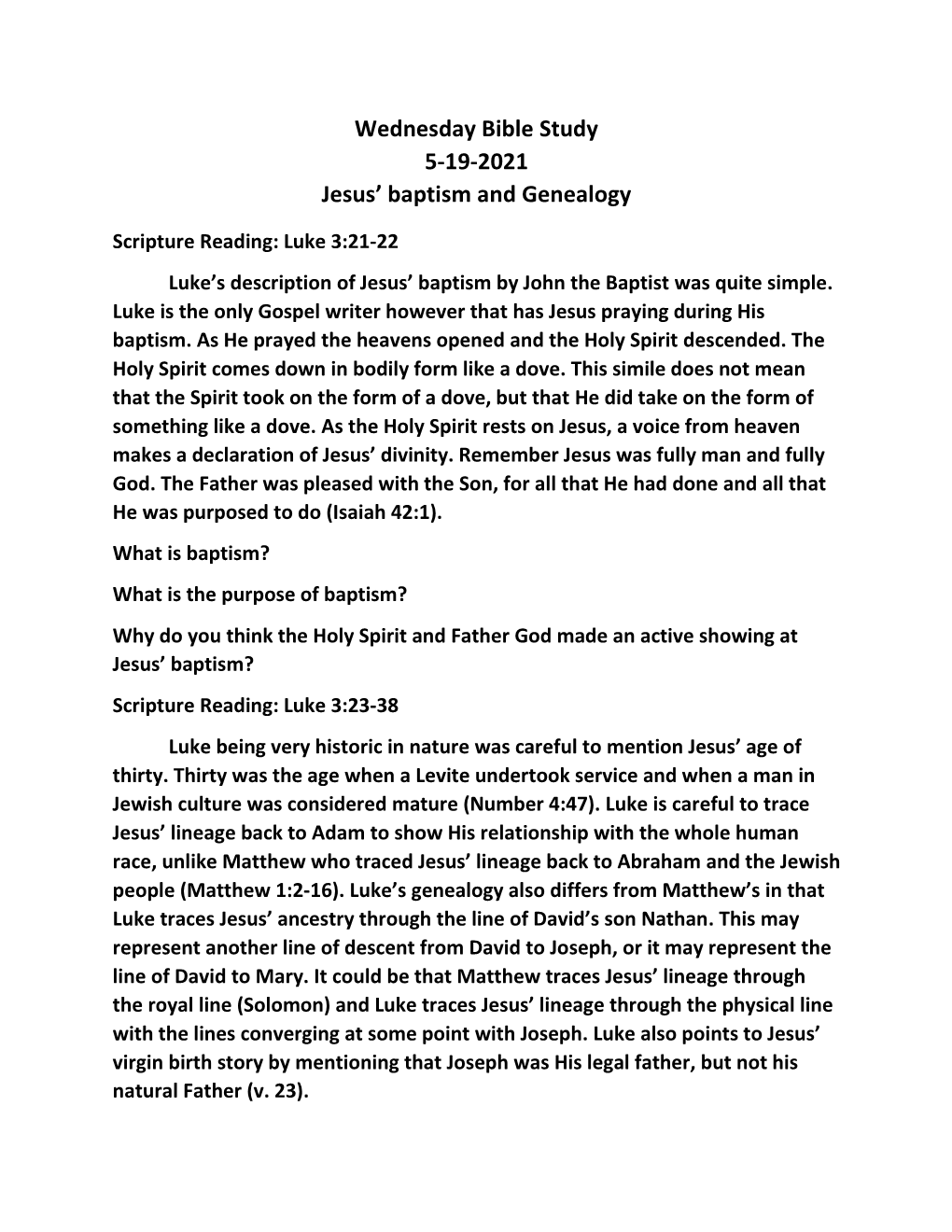 Wednesday Bible Study 5-19-2021 Jesus' Baptism and Genealogy