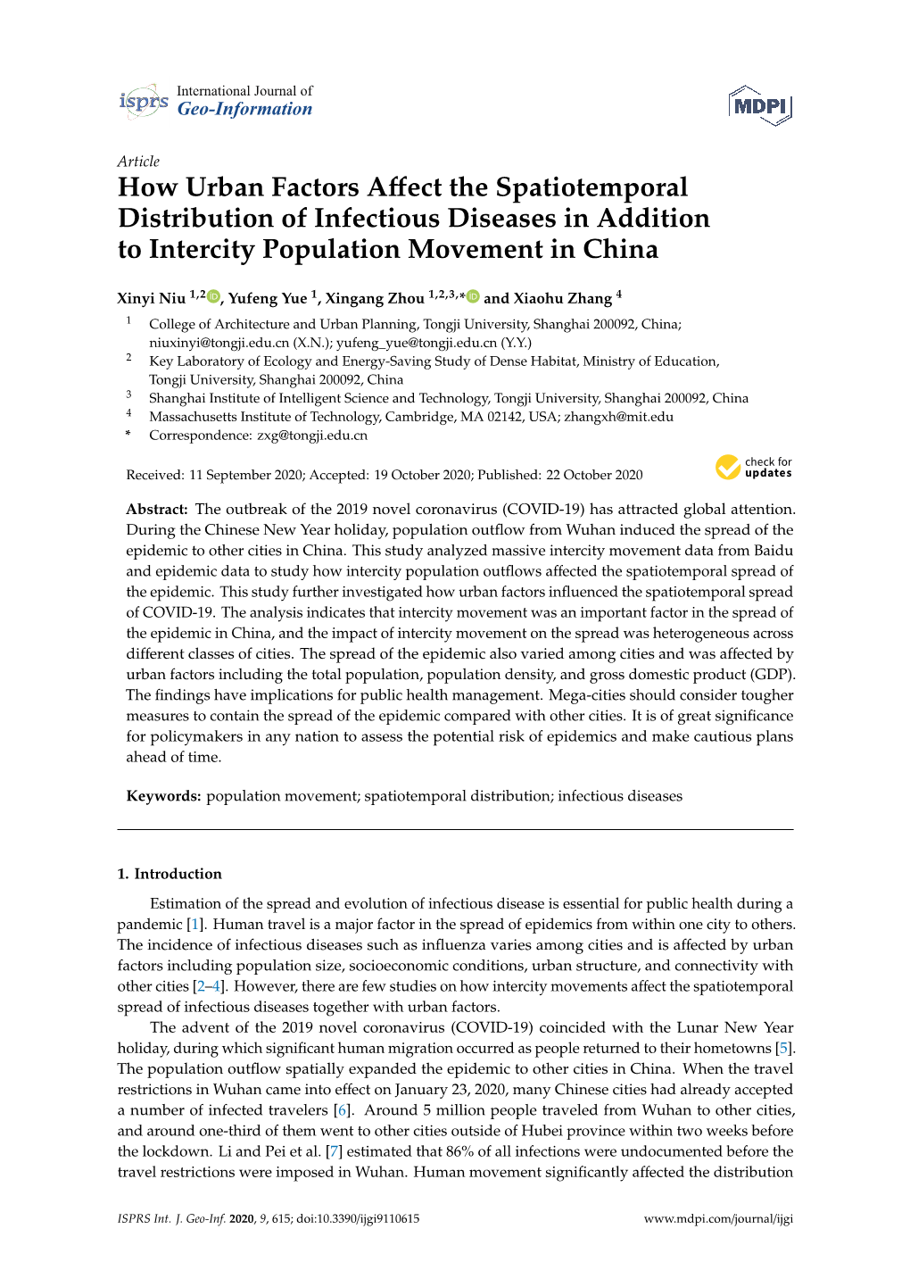 How Urban Factors Affect the Spatiotemporal Distribution of Infectious Diseases in Addition to Intercity Population Movement In