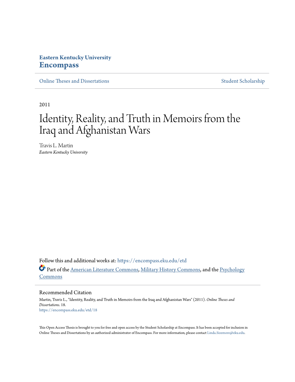 Identity, Reality, and Truth in Memoirs from the Iraq and Afghanistan Wars Travis L