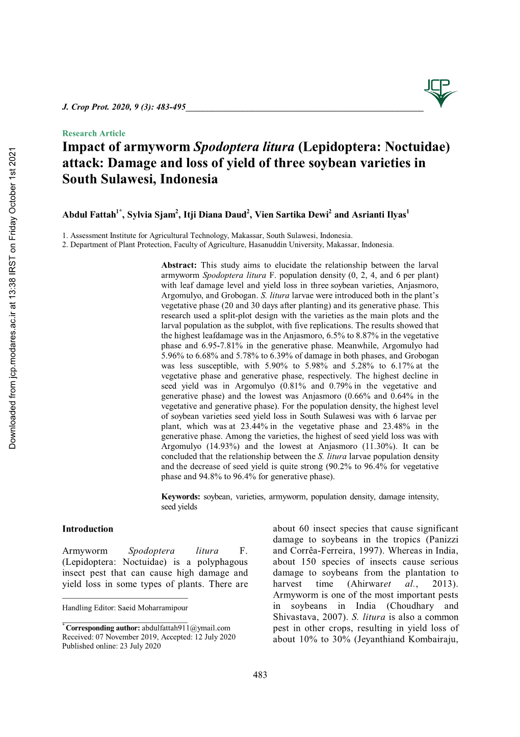 Impact of Armyworm Spodoptera Litura (Lepidoptera: Noctuidae) Attack: Damage and Loss of Yield of Three Soybean Varieties in South Sulawesi, Indonesia