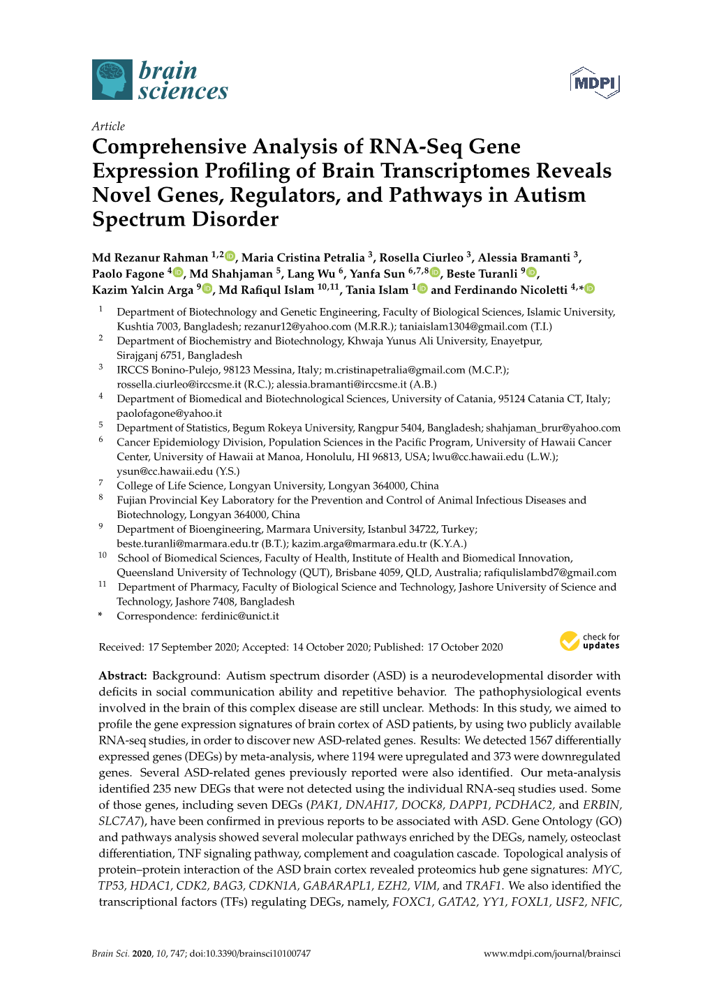 Comprehensive Analysis of RNA-Seq Gene Expression Profiling of Brain