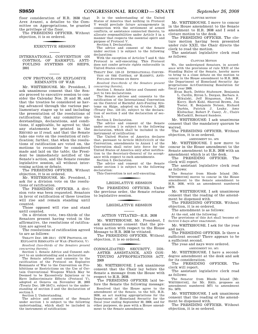 CONGRESSIONAL RECORD — SENATE September 26, 2008 Floor Consideration of H.R