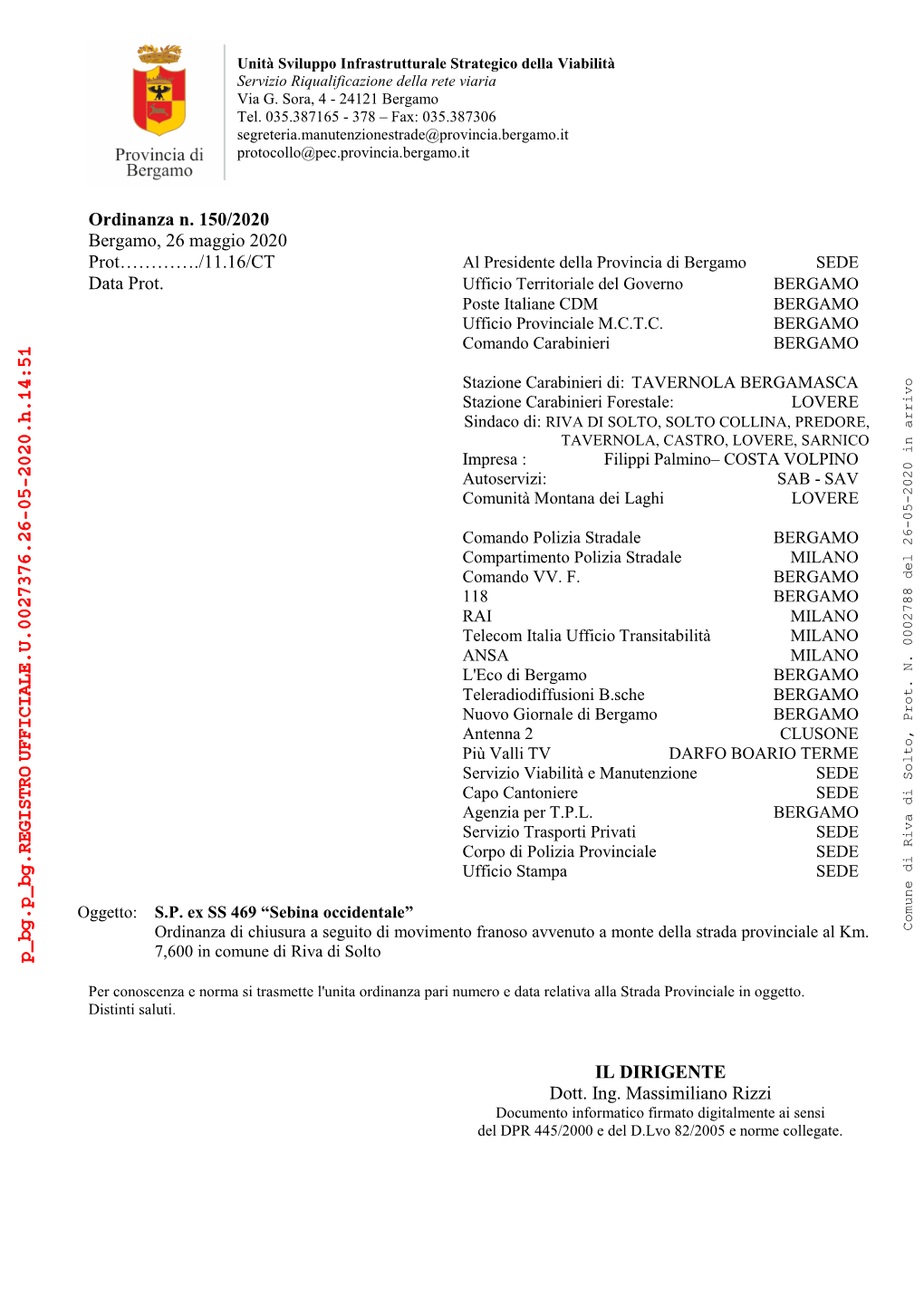 Ordinanza Della Provincia Di Bergamo N. 150/2020