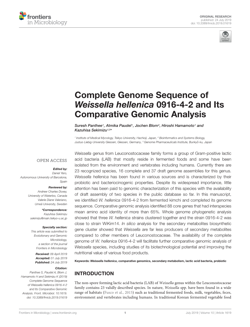 Complete Genome Sequence of Weissella Hellenica 0916-4-2 and Its Comparative Genomic Analysis