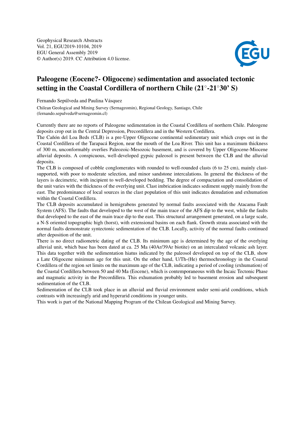 Paleogene (Eocene?- Oligocene) Sedimentation and Associated Tectonic Setting in the Coastal Cordillera of Northern Chile (21◦-21◦30’ S)