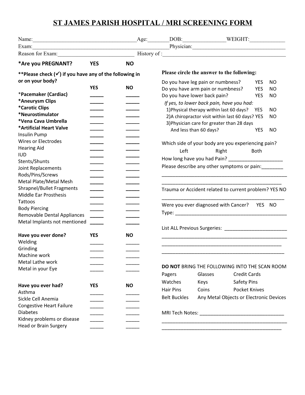 St James Parish Hospital / Mri Screening Form