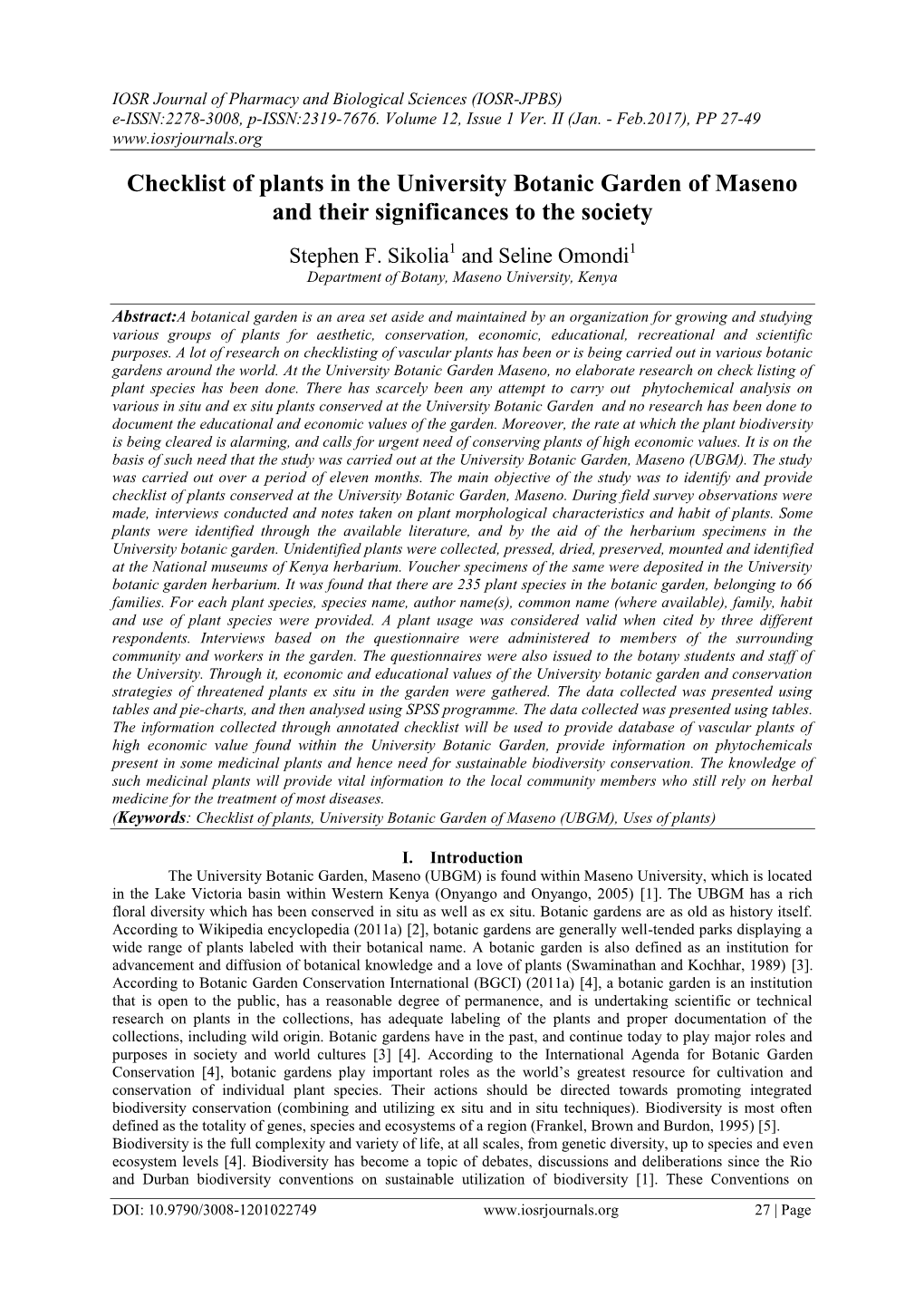 Checklist of Plants in the University Botanic Garden of Maseno and Their Significances to the Society