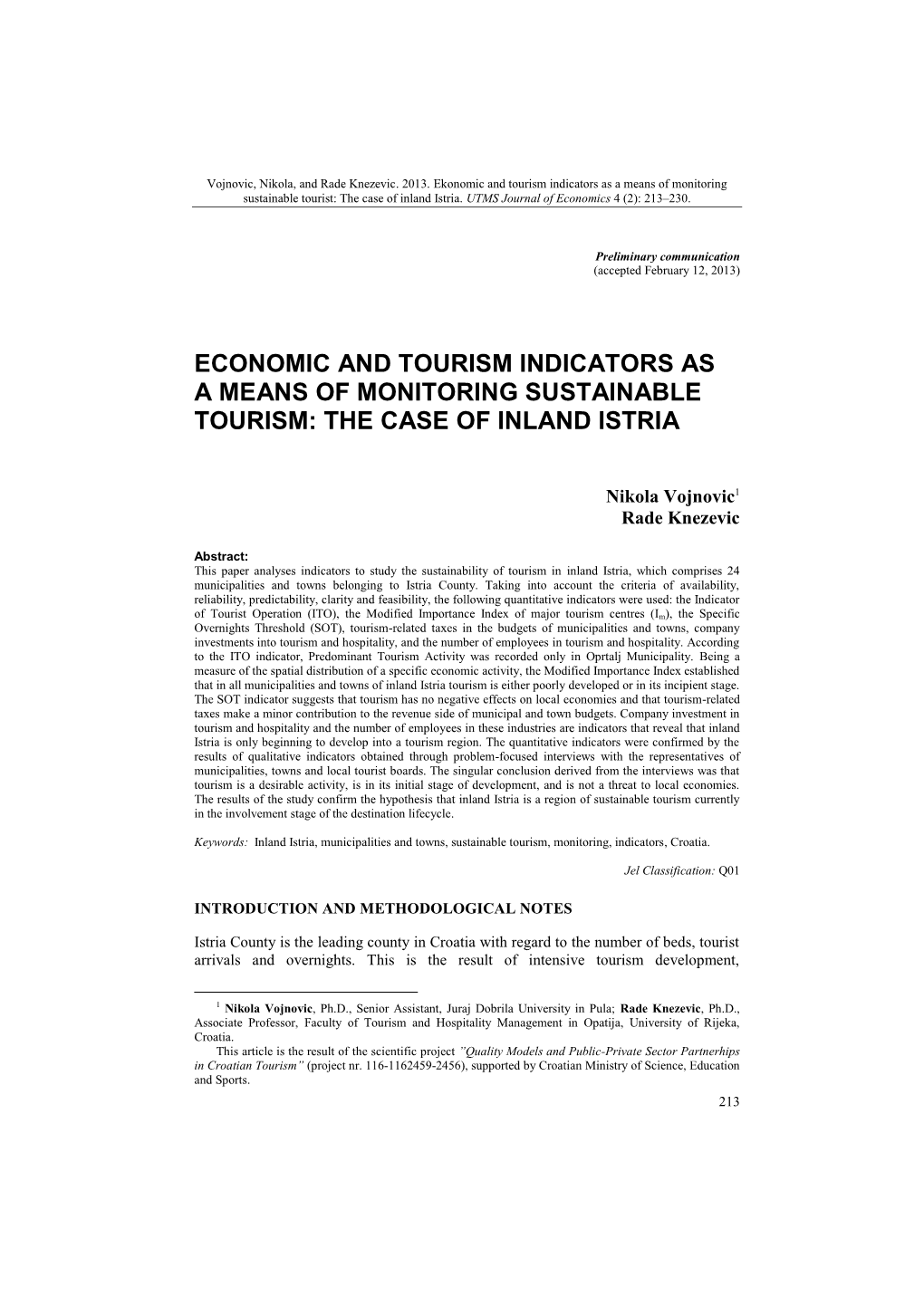 Economic and Tourism Indicators As a Means of Monitoring Sustainable Tourism: the Case of Inland Istria