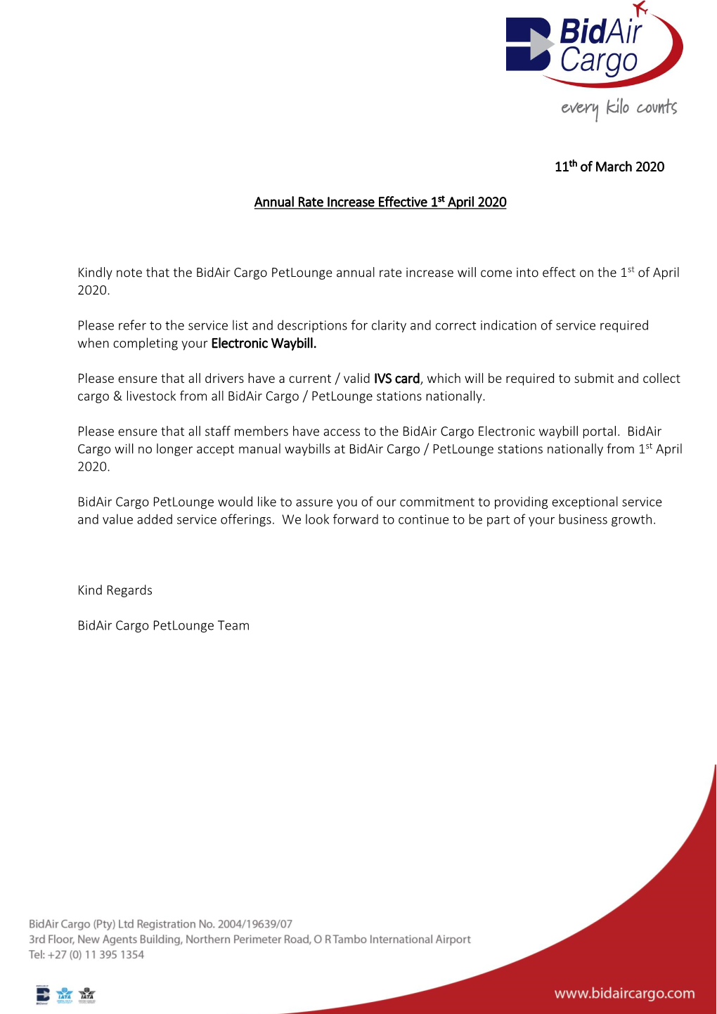 11Th of March 2020 Annual Rate Increase Effective 1St April 2020 Kindly Note That the Bidair Cargo Petlounge Annual Rate Increas