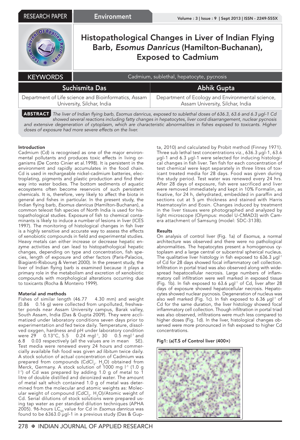 Histopathological Changes in Liver of Indian Flying Barb, Esomus Danricus (Hamilton-Buchanan), Exposed to Cadmium