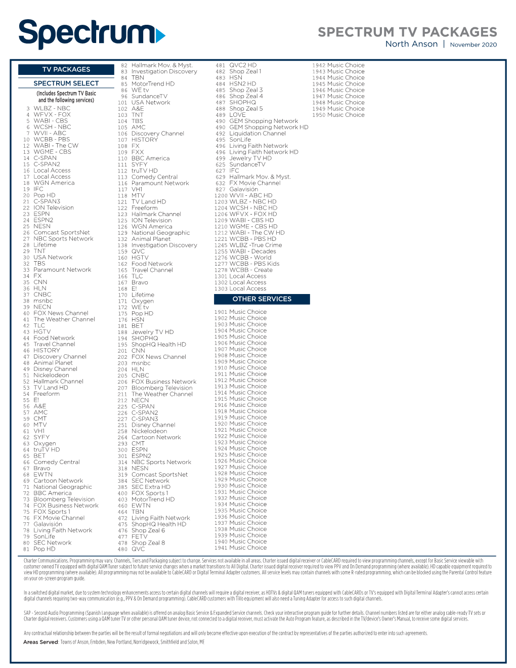 SPECTRUM TV PACKAGES North Anson | November 2020