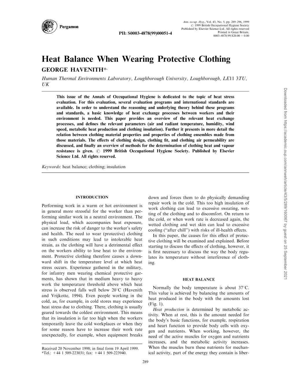 Heat Balance When Wearing Protective Clothing
