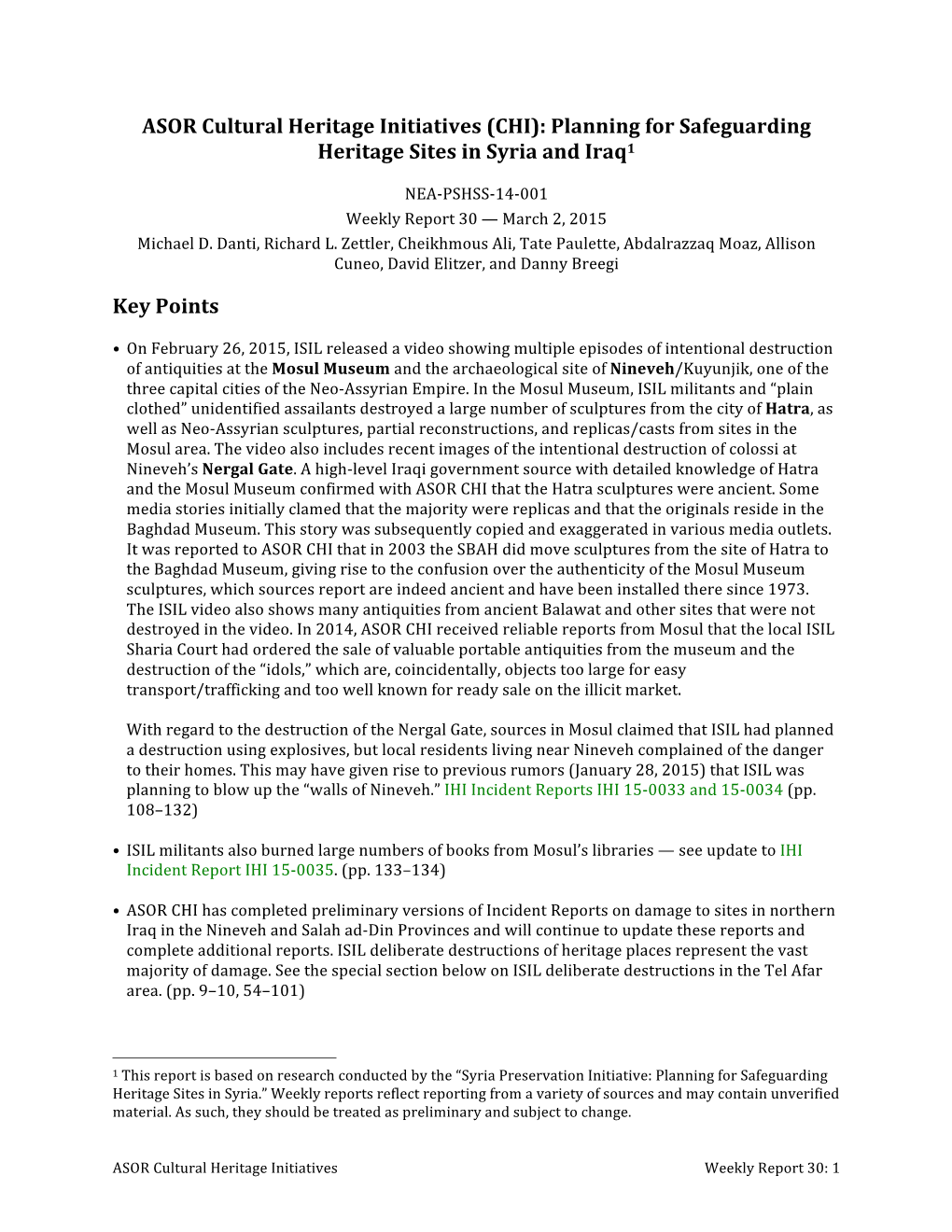 ASOR Cultural Heritage Initiatives (CHI): Planning for Safeguarding Heritage Sites in Syria and Iraq1