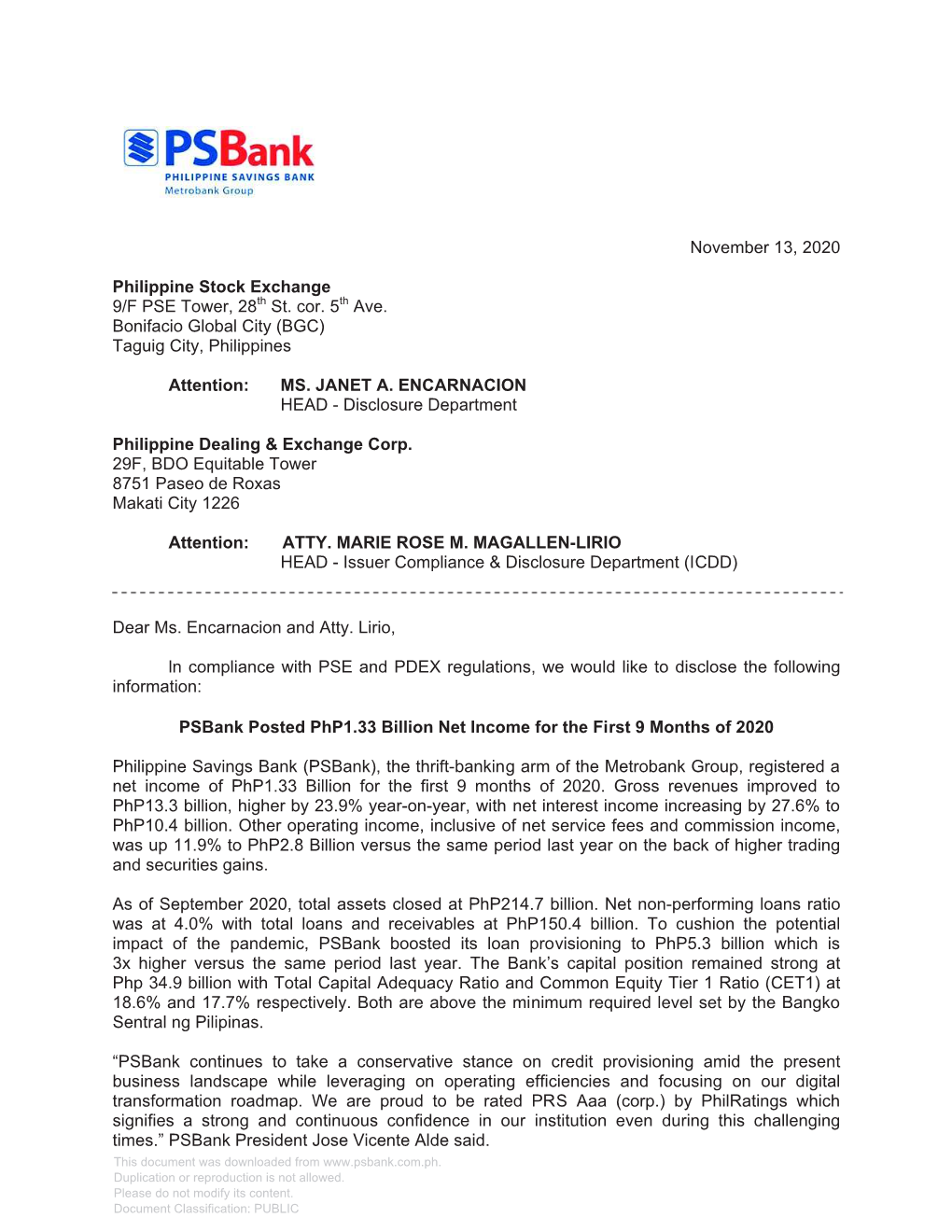 Psbank 3Q 2020 Net Income