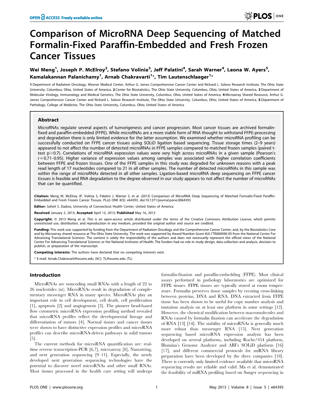 Comparison of Microrna Deep Sequencing of Matched Formalin-Fixed Paraffin-Embedded and Fresh Frozen Cancer Tissues