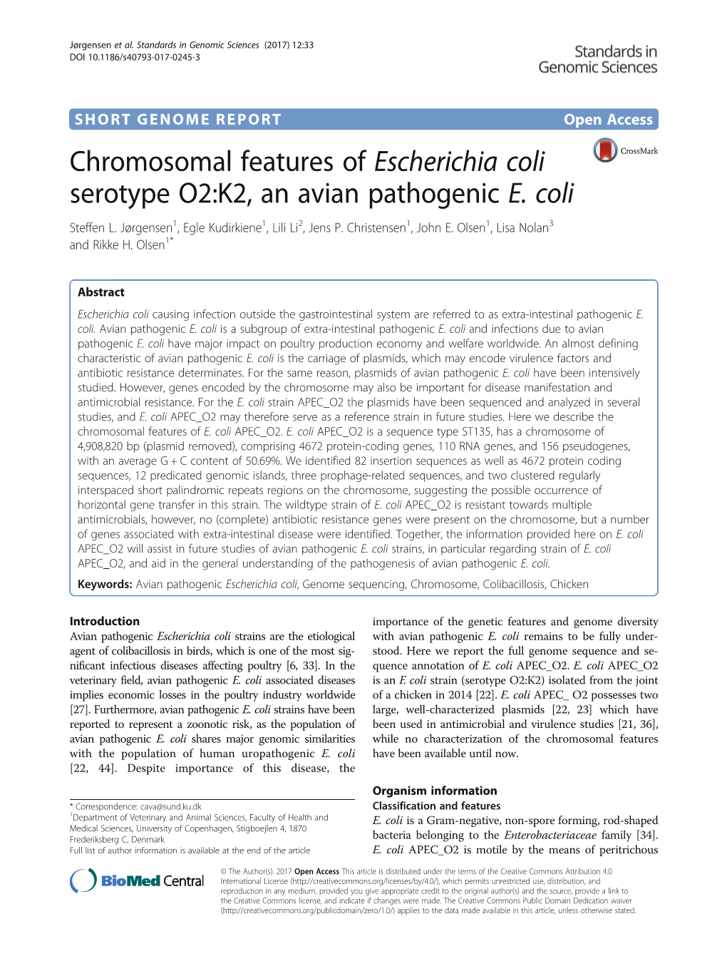 Chromosomal Features of Escherichia Coli Serotype O2:K2, an Avian Pathogenic E