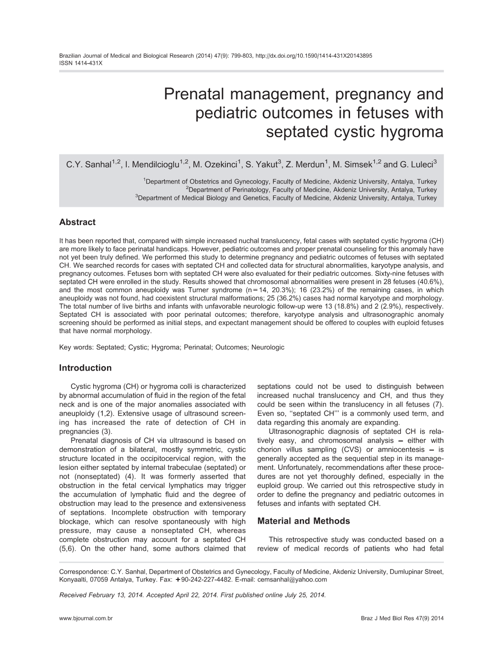 Prenatal Management, Pregnancy and Pediatric Outcomes in Fetuses with Septated Cystic Hygroma