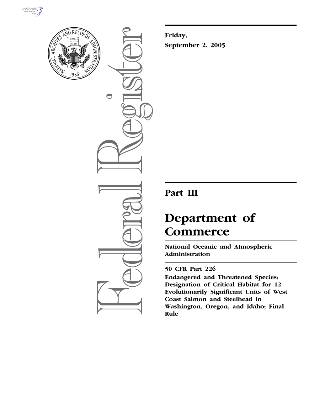 Department of Commerce National Oceanic and Atmospheric Administration