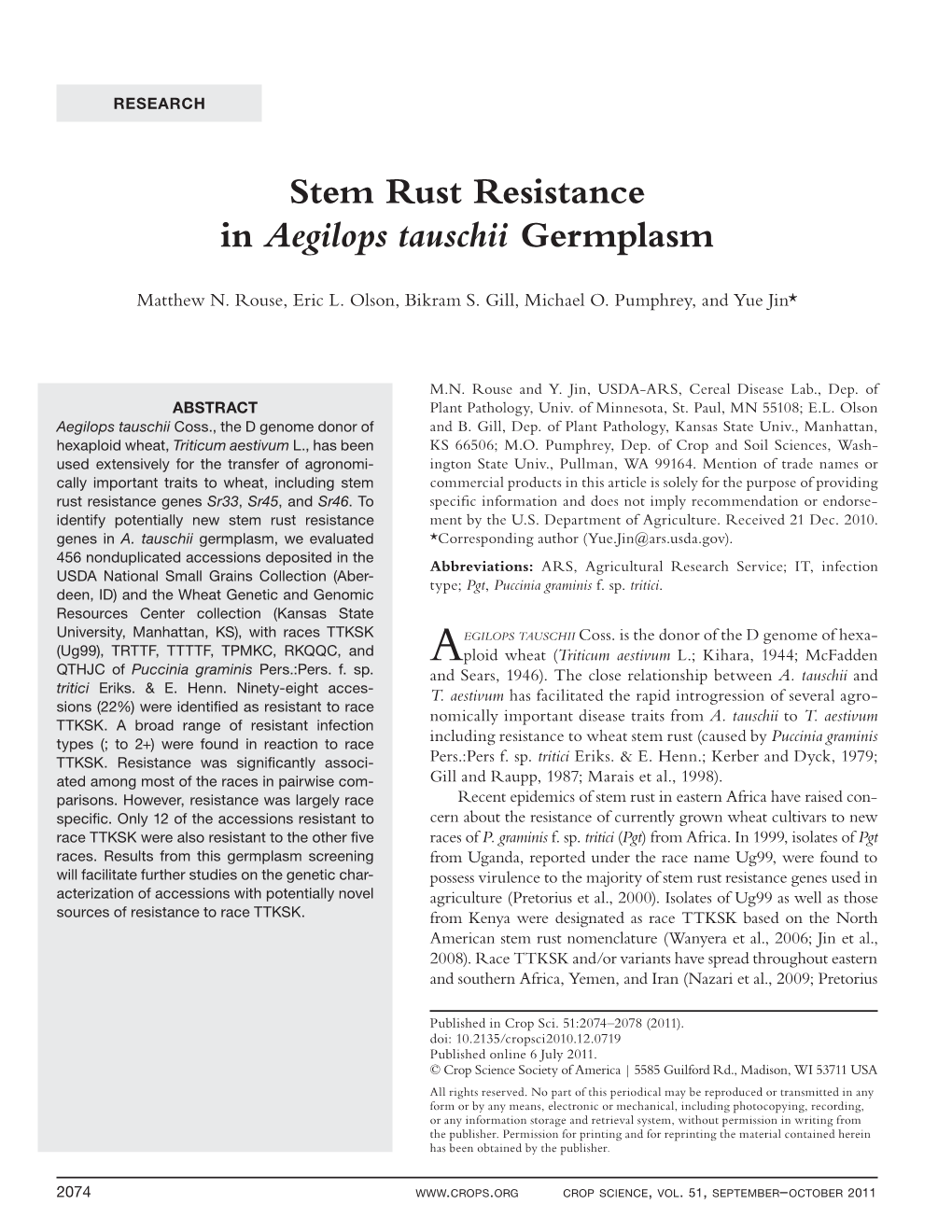 Stem Rust Resistance in Aegilops Tauschii Germplasm