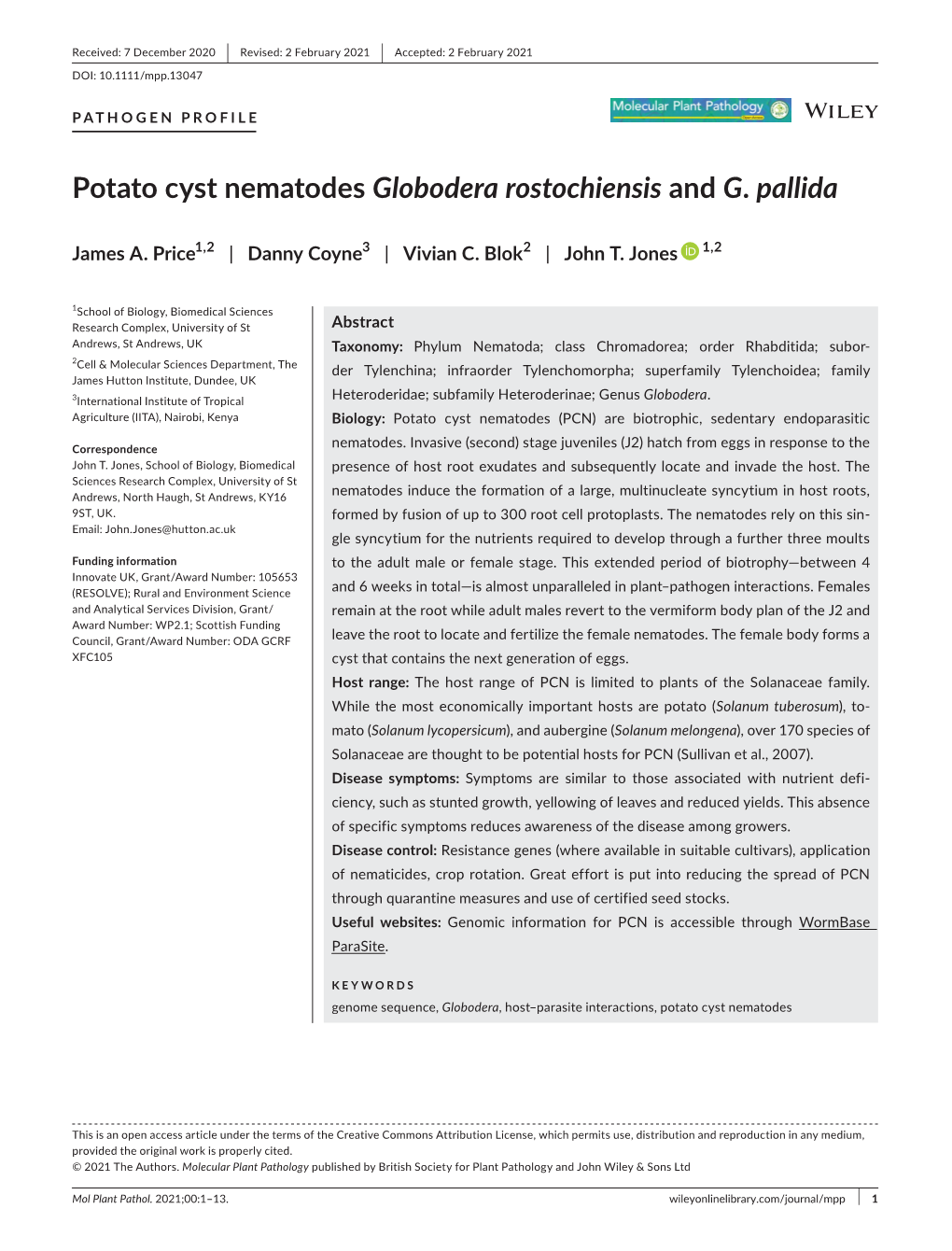 Potato Cyst Nematodes Globodera Rostochiensis and G. Pallida