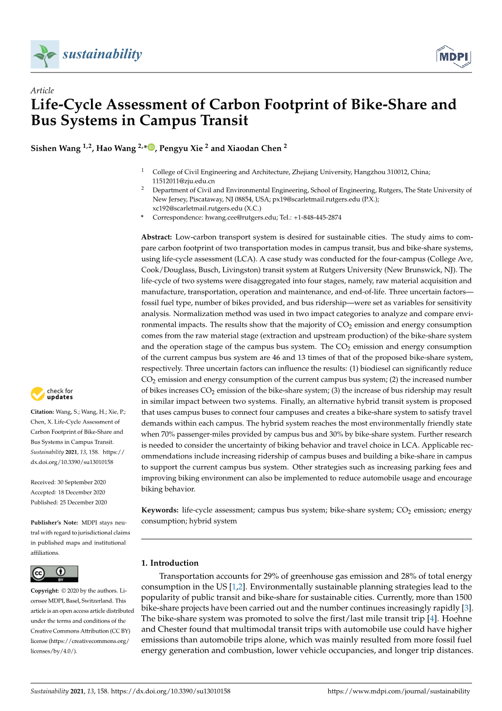 Life-Cycle Assessment of Carbon Footprint of Bike-Share and Bus Systems in Campus Transit