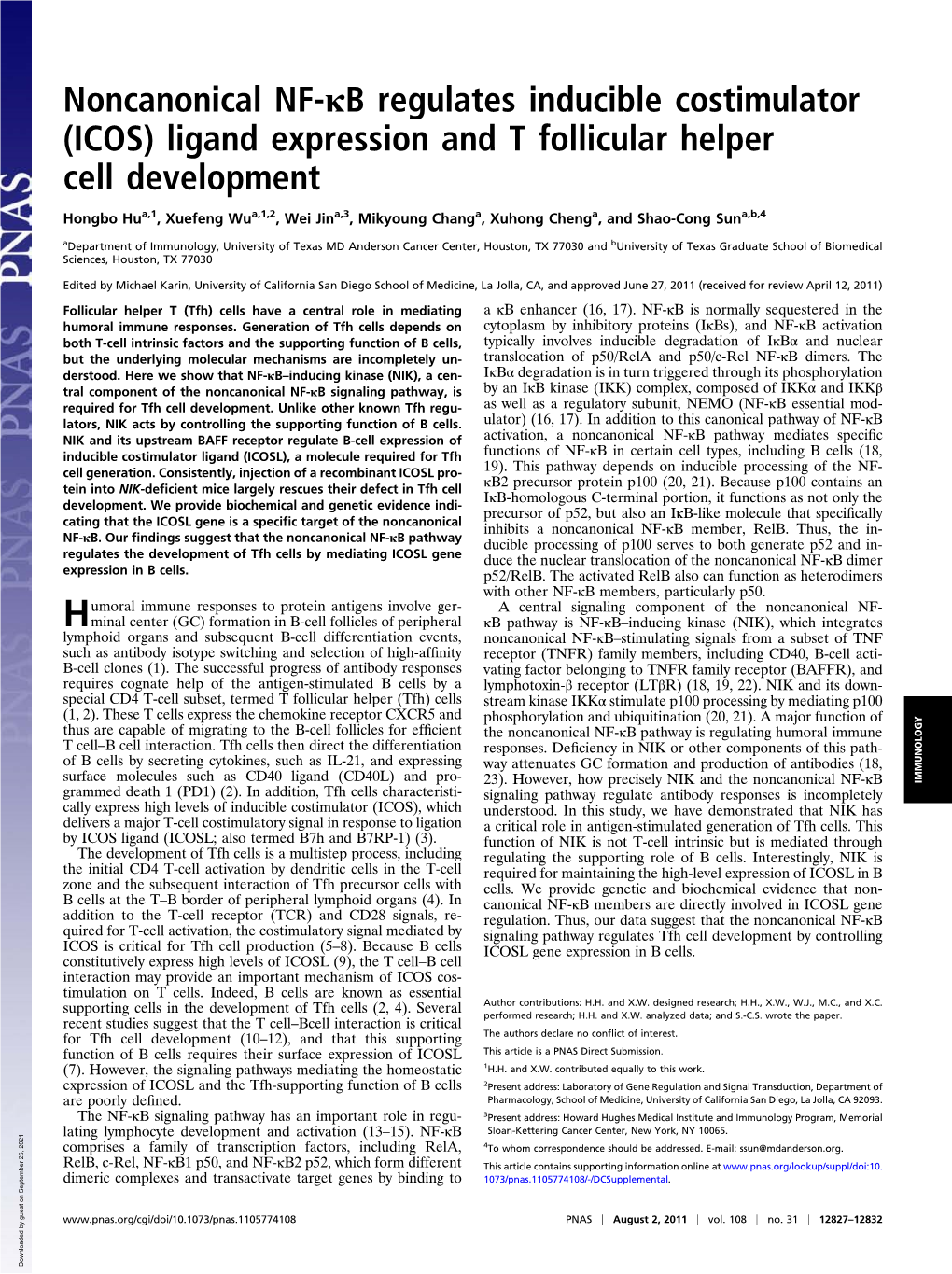 ICOS) Ligand Expression and T Follicular Helper Cell Development
