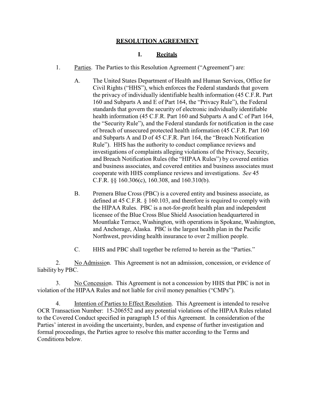 Premera Resolution Agreement and Corrective Action Plan