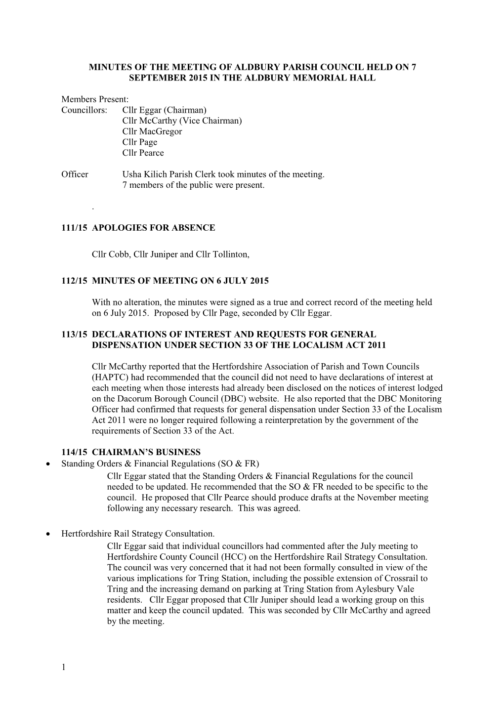 Minutes of the Meeting of Aldbury Parish Council Held on 7 September 2015 in the Aldbury