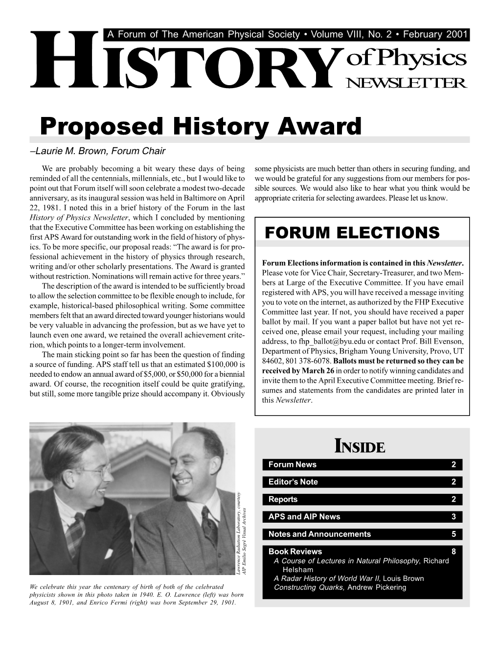 Historyof Physics Proposed History Award