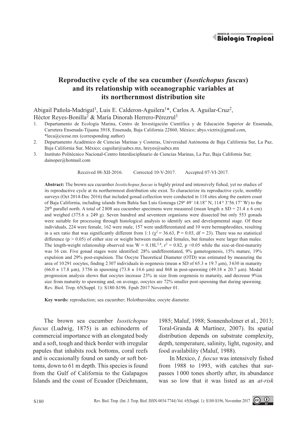 Reproductive Cycle of the Sea Cucumber (Isostichopus Fuscus) and Its Relationship with Oceanographic Variables at Its Northernmost Distribution Site