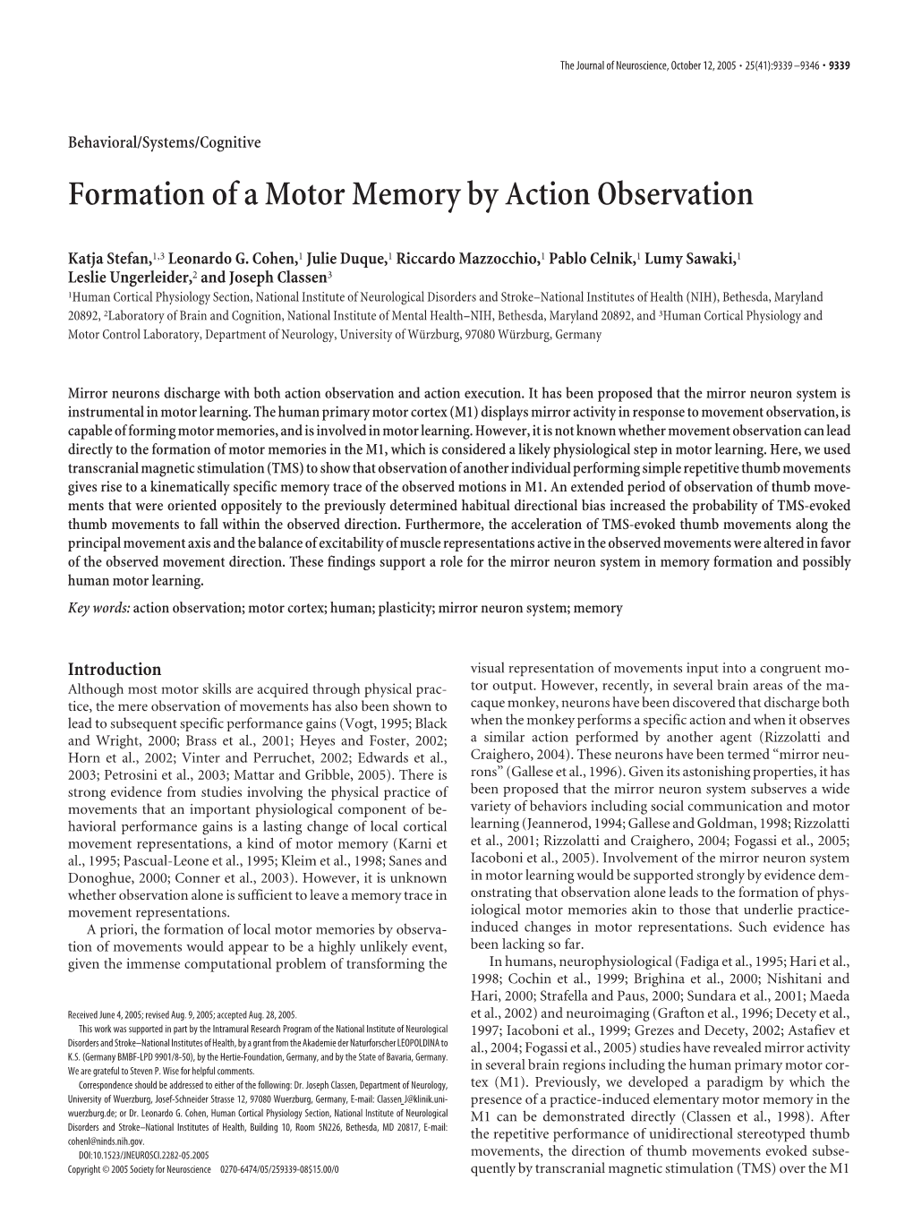 Formation of a Motor Memory by Action Observation