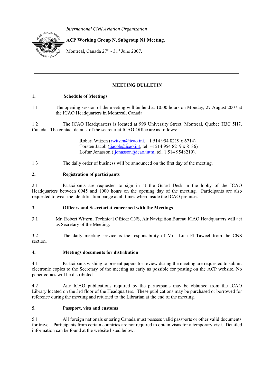 1. Schedule of Meetings