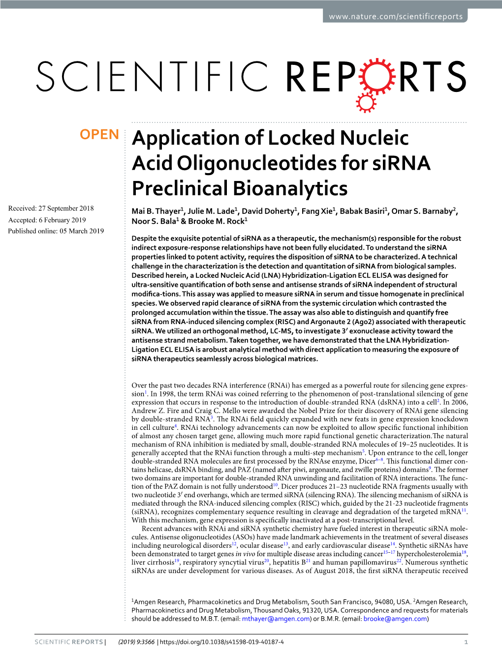 Application of Locked Nucleic Acid Oligonucleotides for Sirna Preclinical Bioanalytics Received: 27 September 2018 Mai B