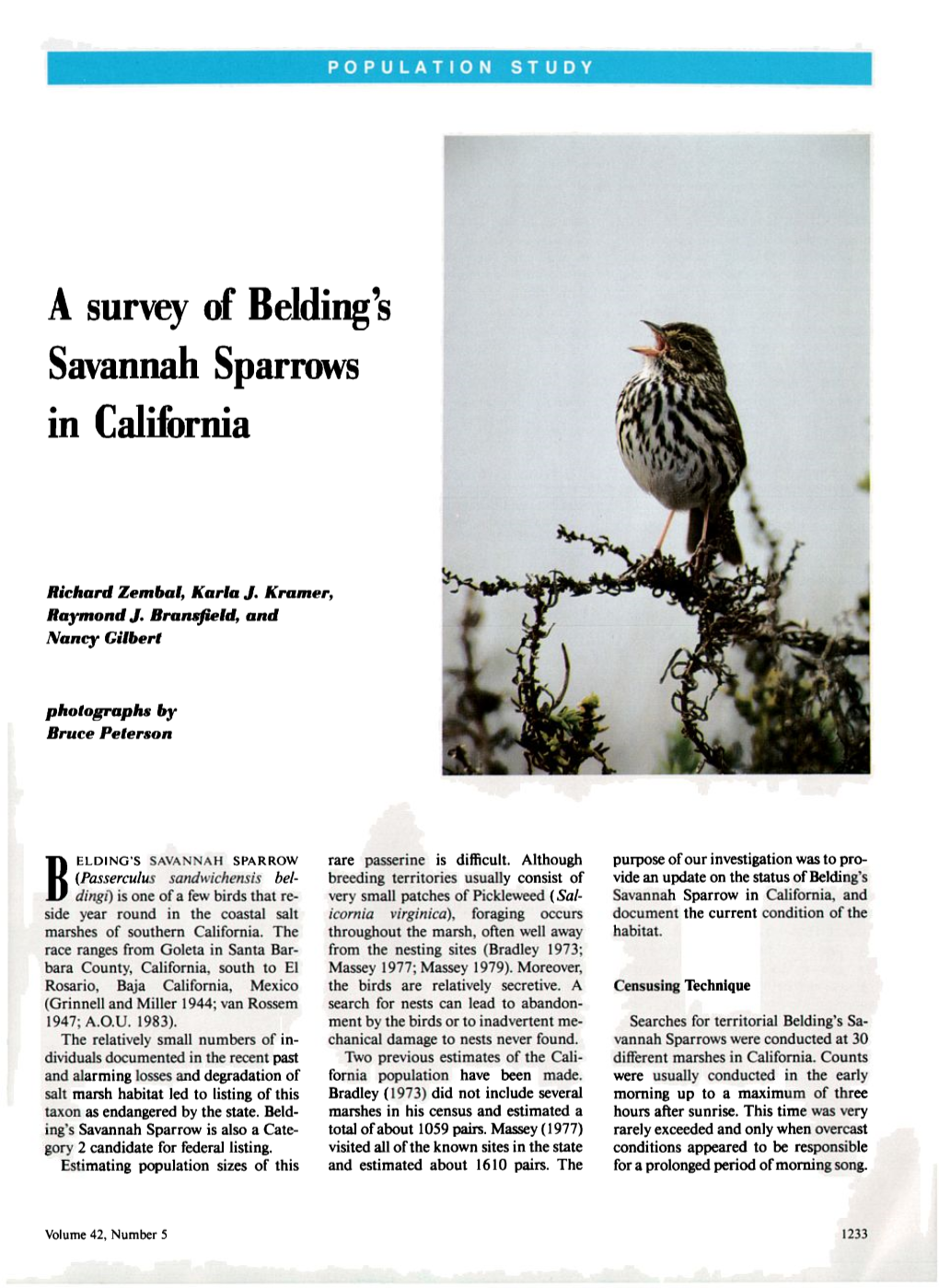 S Savannah Sparrows in California in 1986, Ritory Holders,Where the Spacingof Sev- Compared to Two Previous Censuses