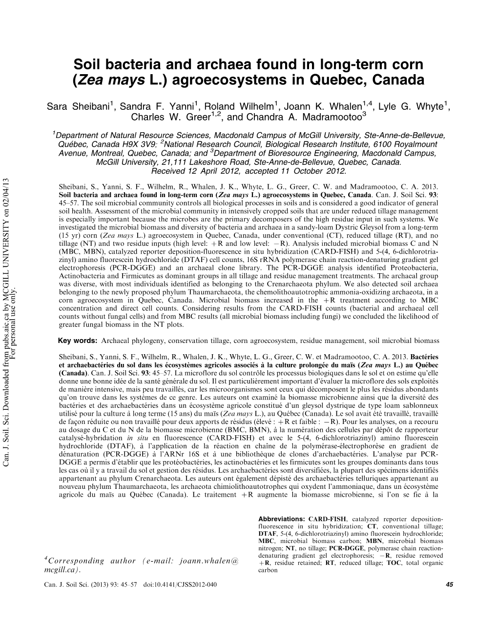 Soil Bacteria and Archaea Found in Long-Term Corn (Zea Mays L.) Agroecosystems in Quebec, Canada