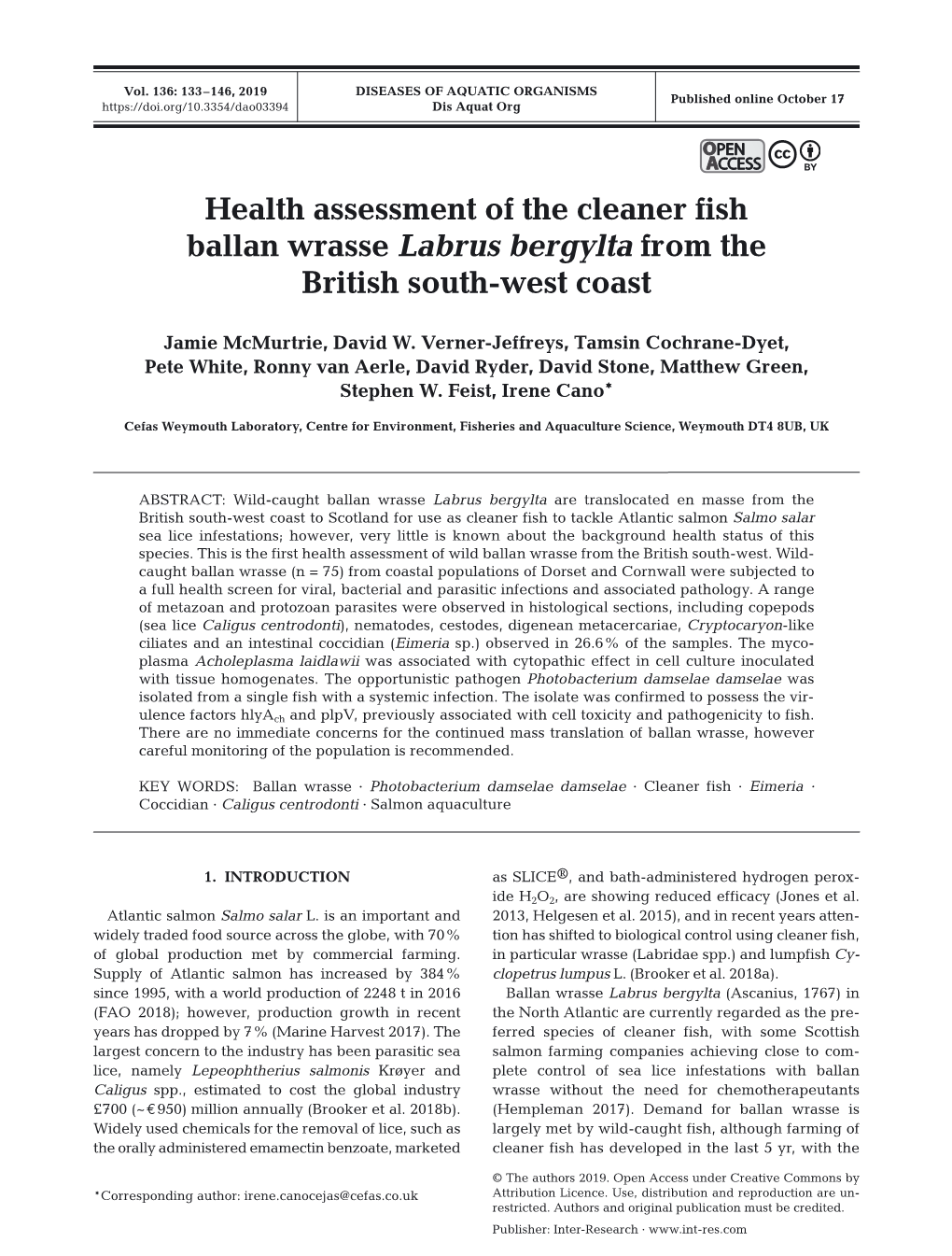 Health Assessment of the Cleaner Fish Ballan Wrasse Labrus Bergylta from the British South-West Coast