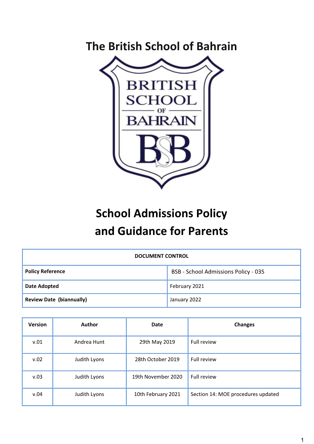 The British School of Bahrain School Admissions Policy and Guidance for Parents