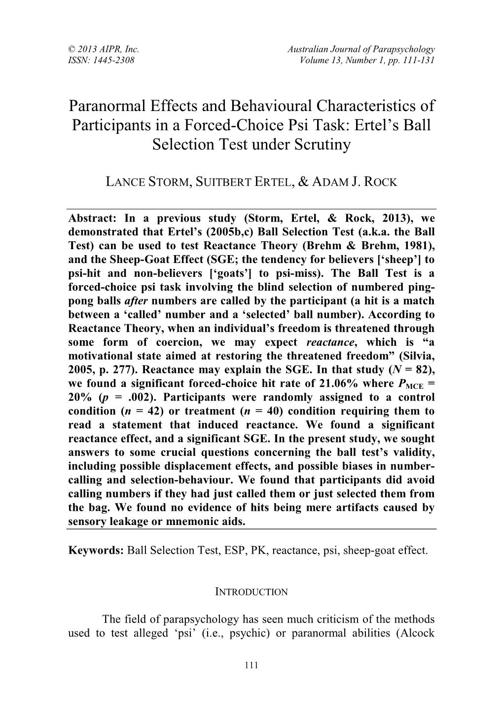 Paranormal Effects and Behavioural Characteristics of Participants in a Forced-Choice Psi Task: Ertel’S Ball Selection Test Under Scrutiny