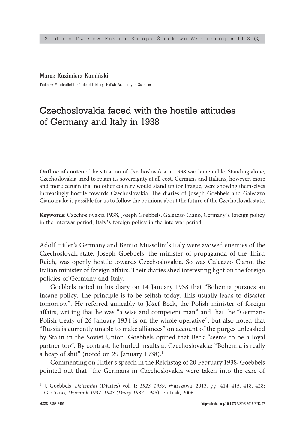 Czechoslovakia Faced with the Hostile Attitudes of Germany and Italy in 1938