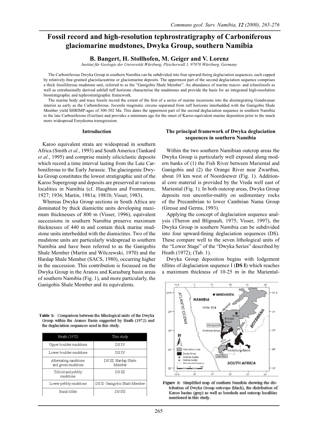 Fossil Record and High-Resolution Tephrostratigraphy of Carboniferous Glaciomarine Mudstones, Dwyka Group, Southern Namibia B