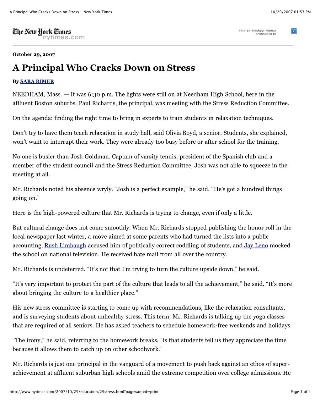 A Principal Who Cracks Down on Stress - New York Times 10/29/2007 01:53 PM