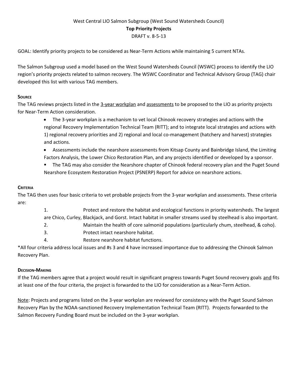 West Central LIO Salmon Subgroup (West Sound Watersheds Council)