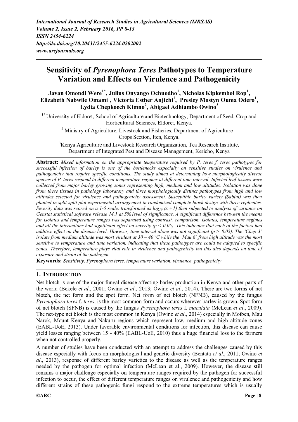 Sensitivity of Pyrenophora Teres Pathotypes to Temperature Variation and Effects on Virulence and Pathogenicity