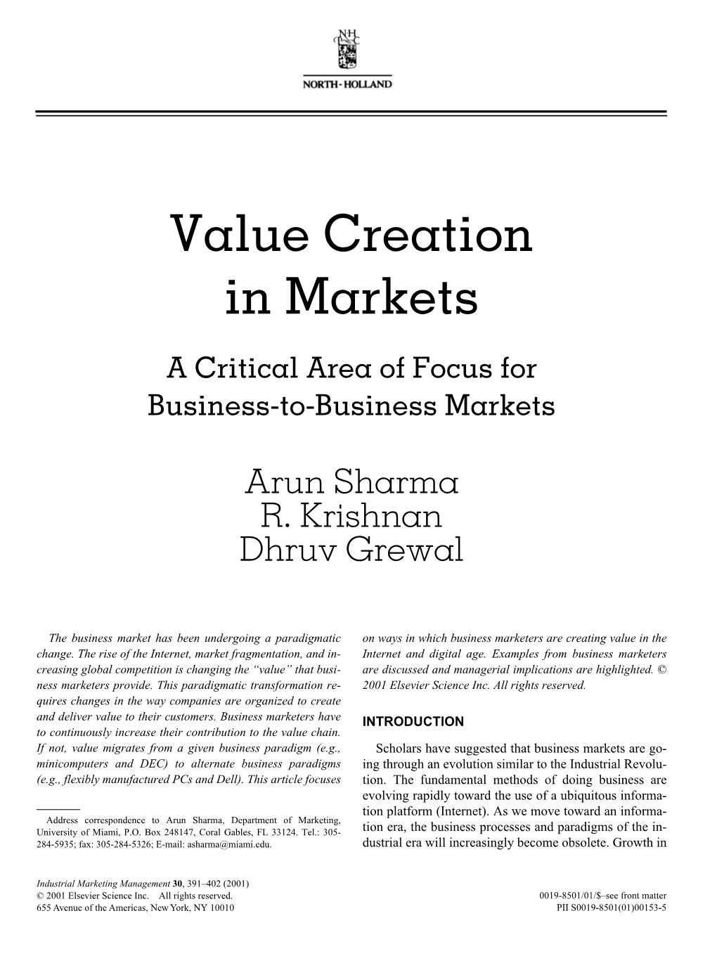 Value Creation in Markets