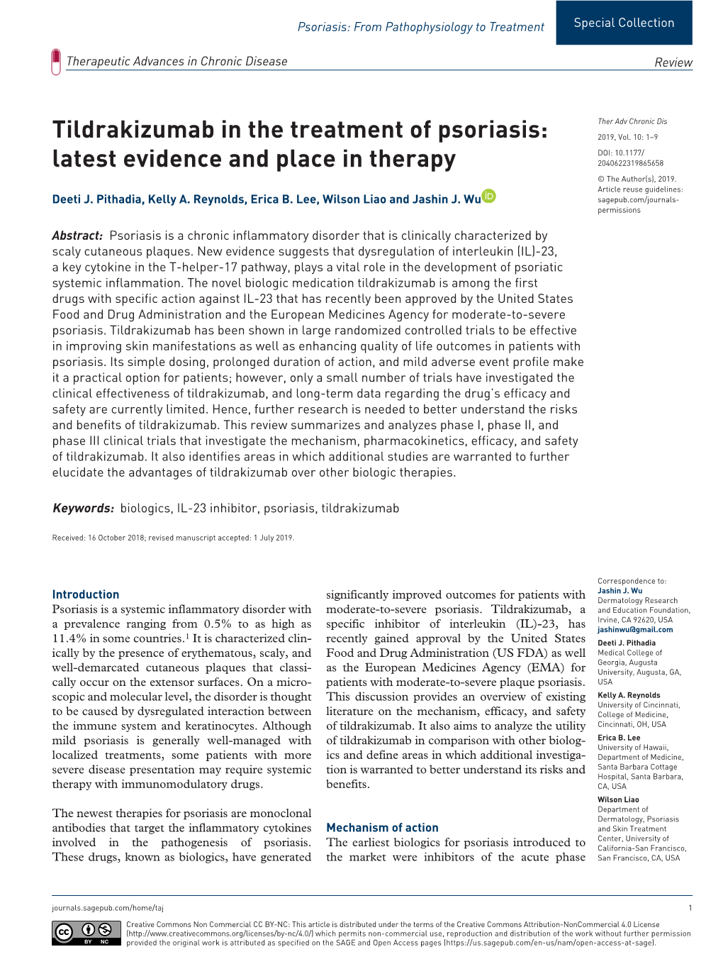 Tildrakizumab in the Treatment of Psoriasis: 2019, Vol