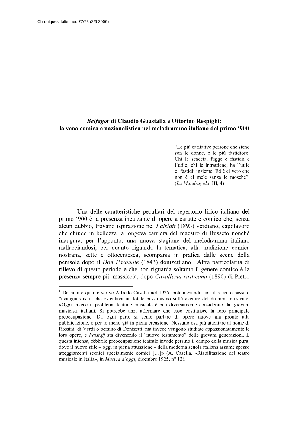 Belfagor Di Claudio Guastalla E Ottorino Respighi: La Vena Comica E Nazionalistica Nel Melodramma Italiano Del Primo ‘900