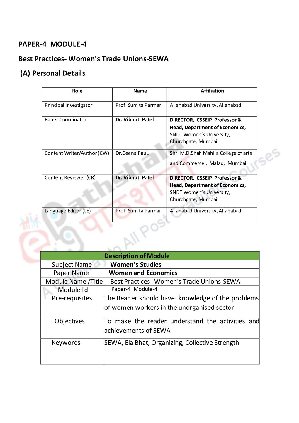 Women's Trade Unions-SEWA (A) Personal Details