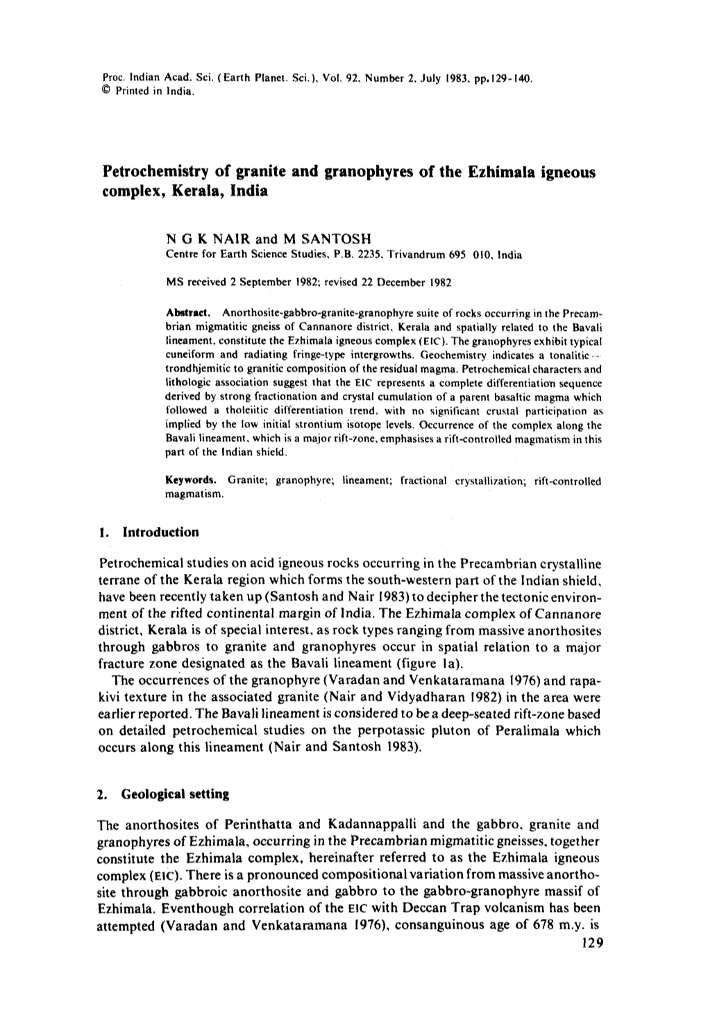 Petrochemistry of Granite and Granophyres of the Ezhimala Igneous Complex, Kerala, India